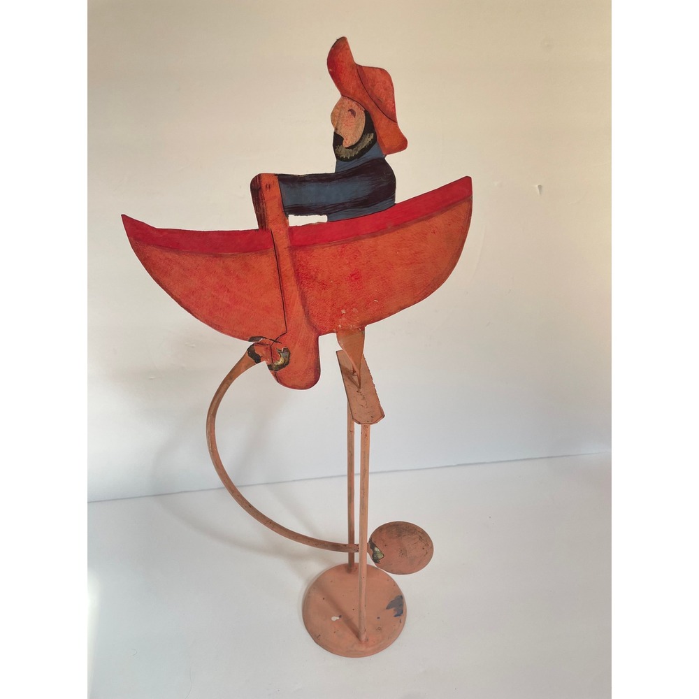 Vintage Folk Art Hand Painted Metal Fisherman Balance Toy Kinetic Sculpture